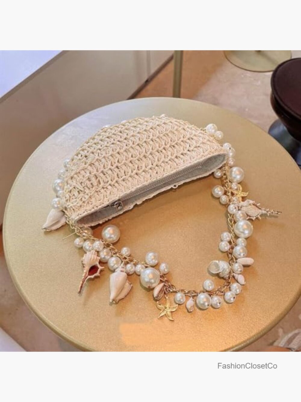 Woven Straw Shoulder Bag with Pearl Chain, Handmade Beach Messenger Bag for - Picture 2 of 7